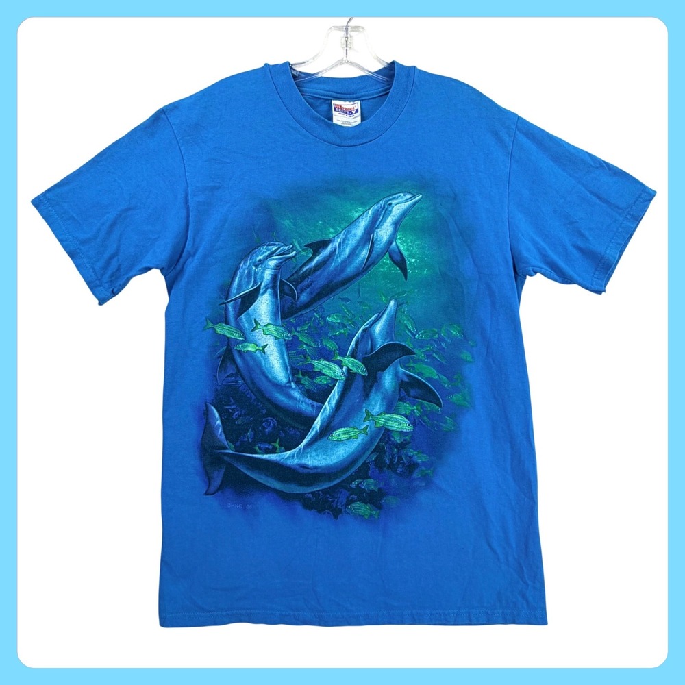Hanes Beefy-T Dolphin Graphic Shirt Mens M Blue Cotton Vintage 1995 Made in USA